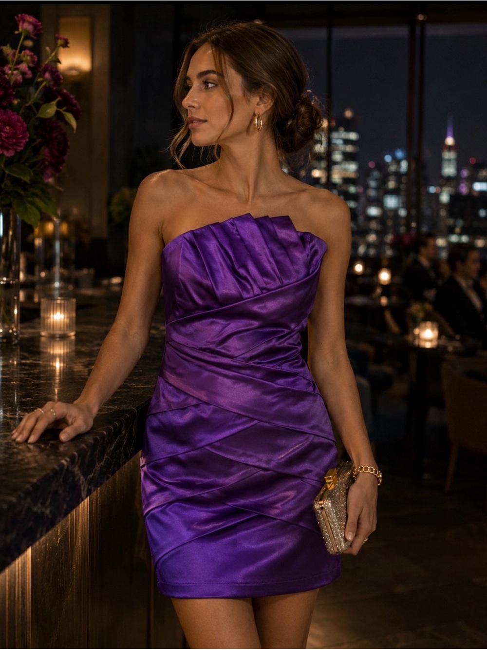 Y2K Caché Vintage Purple Satin Strapless Mini Dress Size 8 Ruched Bodycon